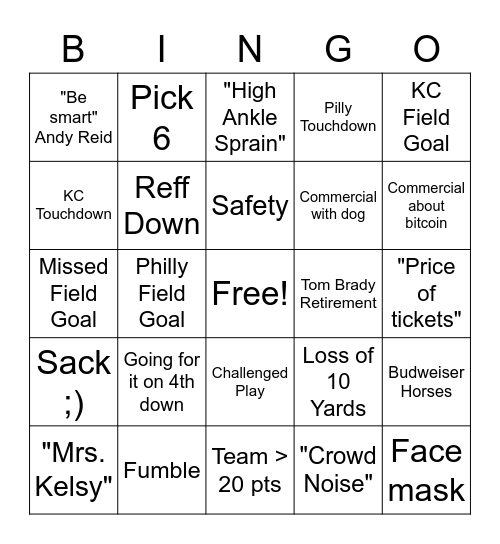 Super Bowl Bingo Card