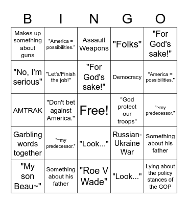 Joe Biden Bingo Card