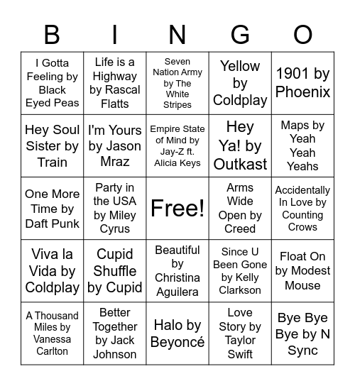 Songs from the 2000's Bingo Card