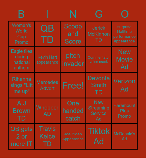 Super Bowl LVII 2023 Bingo Card