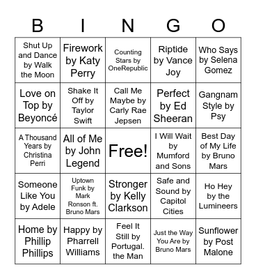 Songs from the 2010's Bingo Card