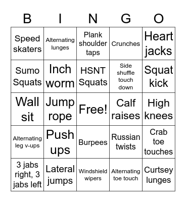 Exercise Bingo Card