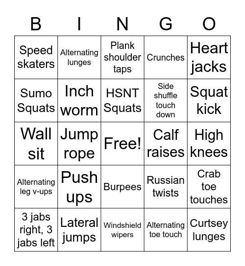 Exercise Bingo Card