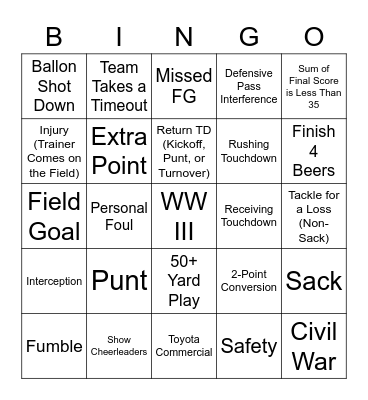 Football Prop Bet Bingo Card