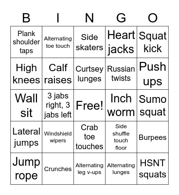 Exercise Bingo Card