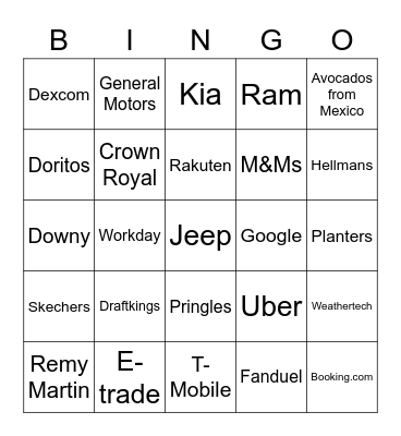 Super Bowl Ads 2023 Bingo Card