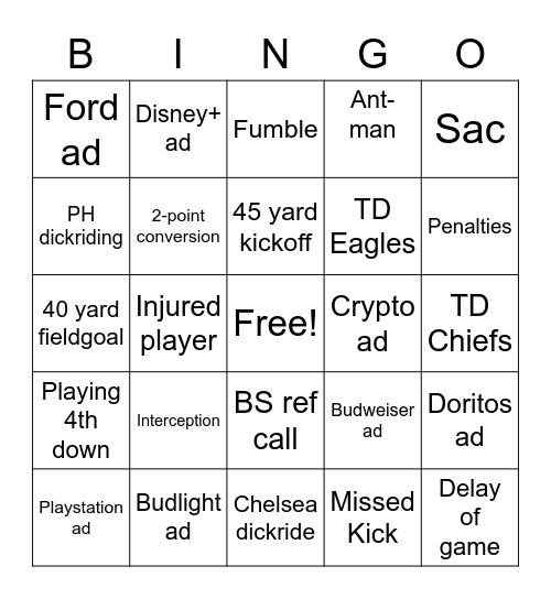 SuperBowl Bingo Card