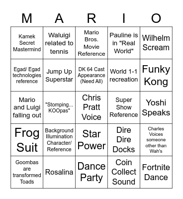 Mario Movie Dringo Bingo Card