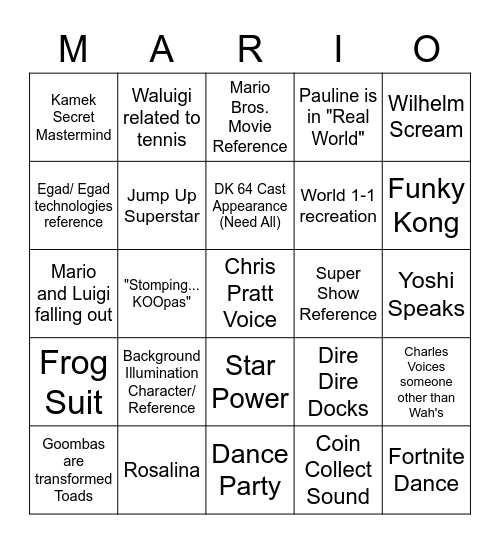Mario Movie Dringo Bingo Card