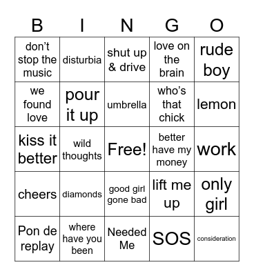 Rihanna Half Time Bingo Card