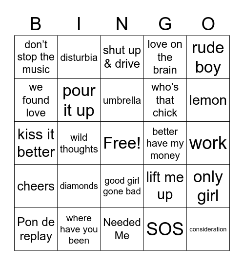 Rihanna Half Time Bingo Card