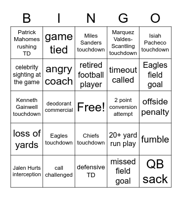 Superbowl Bingo Card