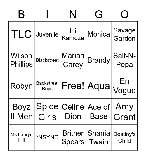 Singo 90's Bingo Card