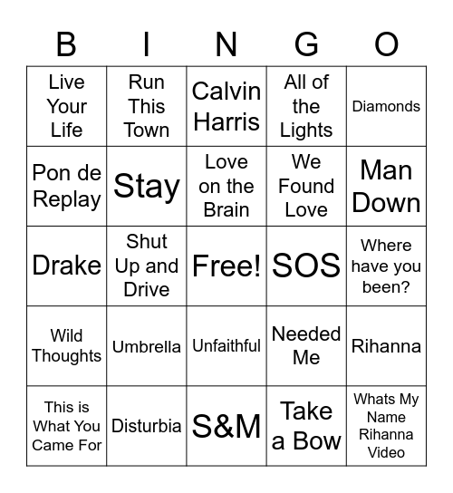 Rihanna Bingo Card
