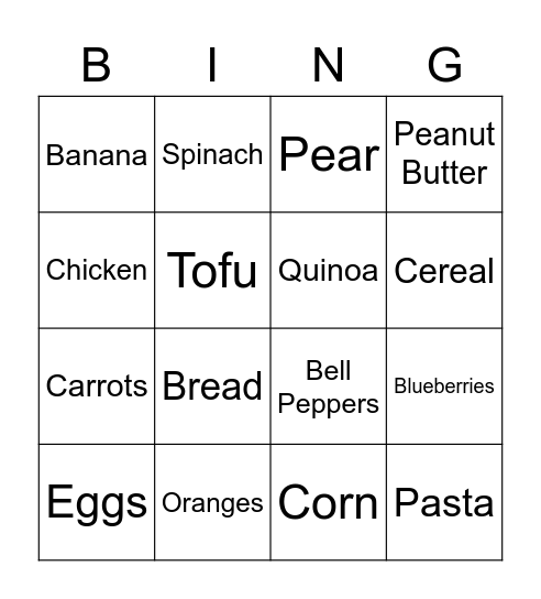 Healthy Eating (the three food groups) Bingo Card
