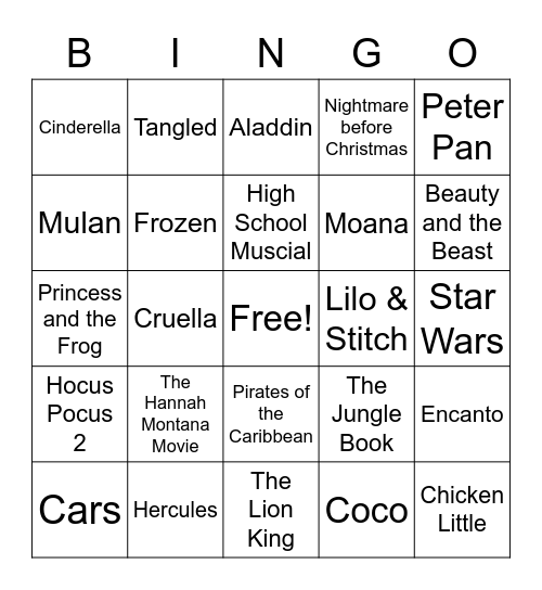 Disney Singo Bingo Card