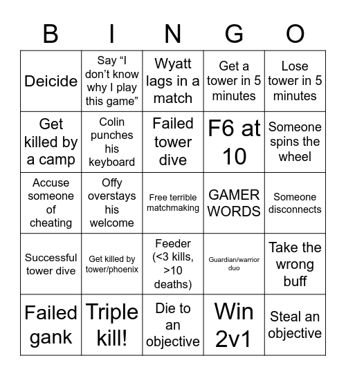 Smite Bingo Card