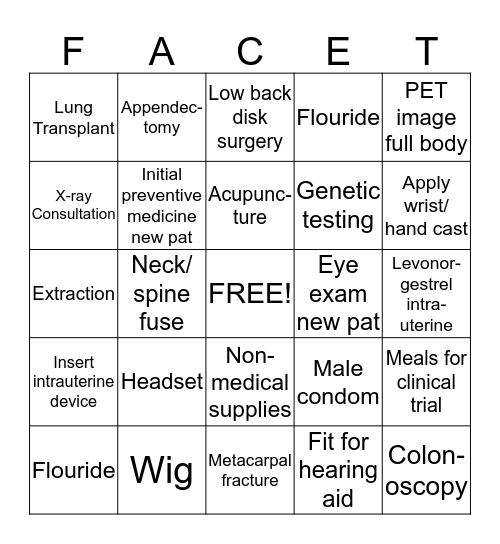 Facets Bingo Card