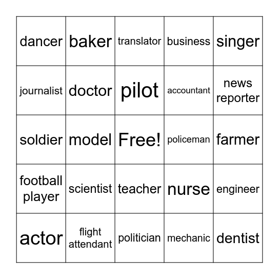 Dream Job Bingo Card