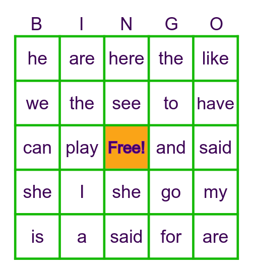 TK Sight Word Bingo Card