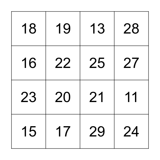 Number 11-30 Bingo Card