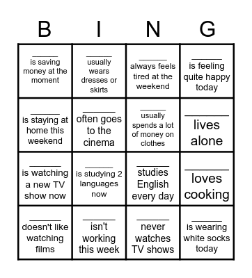 Present Simple vs Present Continuous Bingo Card