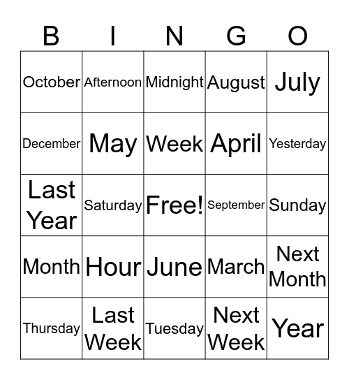 It's All About Time! Bingo Card