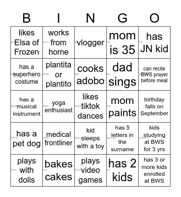 BWS FAMILY DAY BINGO Card