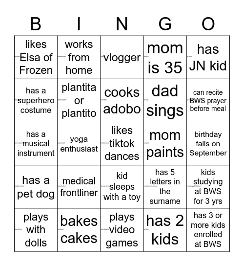 BWS FAMILY DAY BINGO Card