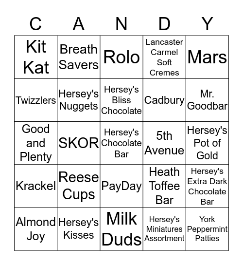 Hersey's Brands Bingo Card