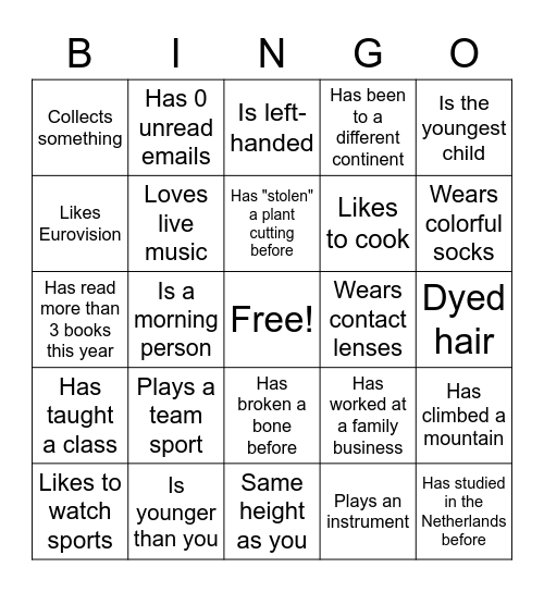 Winter Introduction Bingo Card