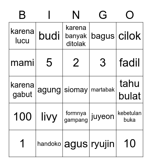 fesbuk Bingo Card