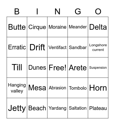 Erosional and Depositional Features Bingo Card