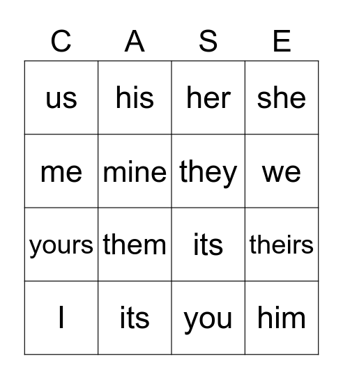 Pronoun Bingo Card