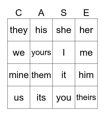 Pronoun Bingo Card