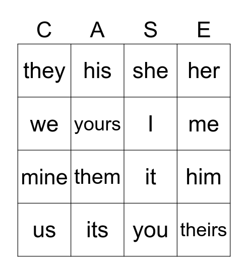 Pronoun Bingo Card