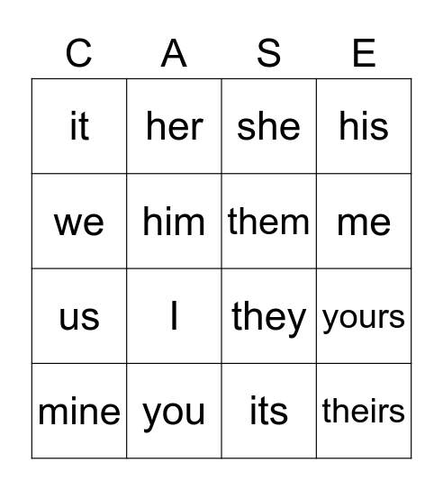 Pronoun Bingo Card