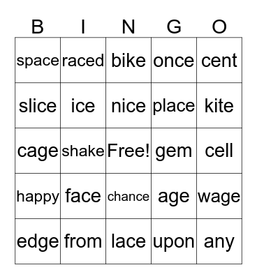 Soft c, g, dge Bingo Card