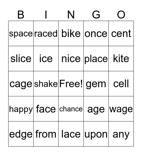 Soft c, g, dge Bingo Card