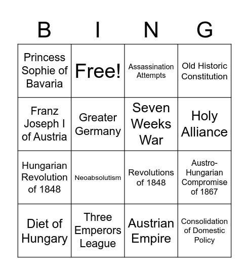 Austrian Empire Bingo Card