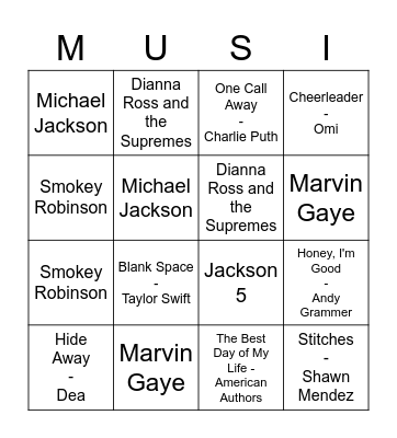 Pop Music Bingo Card