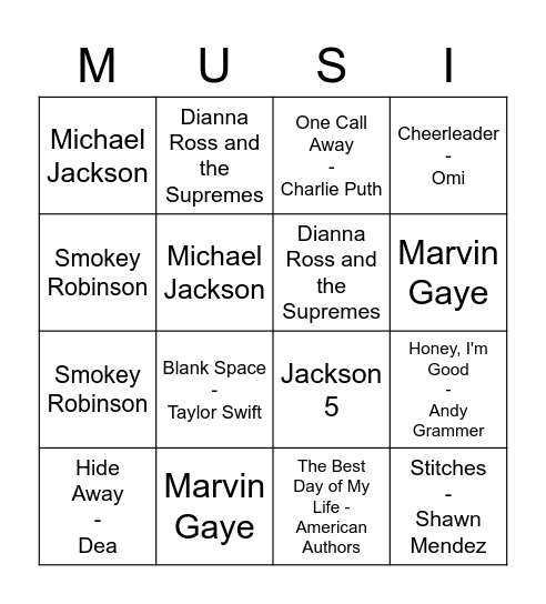 Pop Music Bingo Card