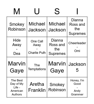 Pop Music Bingo Card