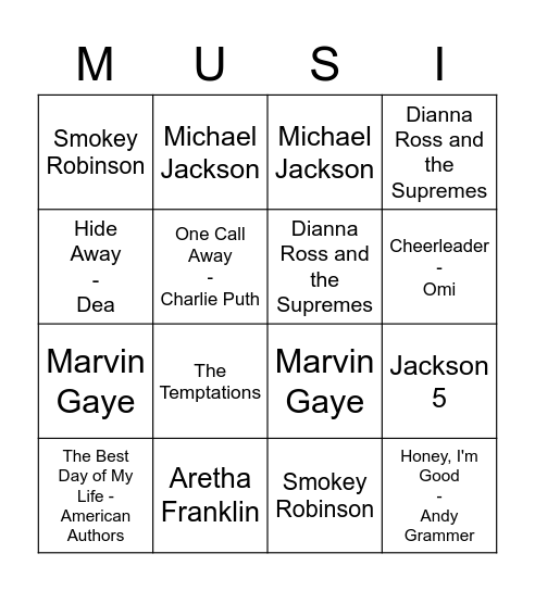 Pop Music Bingo Card