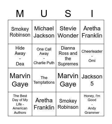 Pop Music Bingo Card