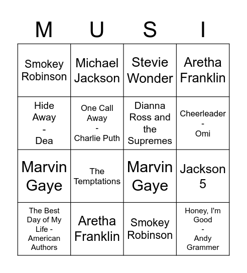 Pop Music Bingo Card