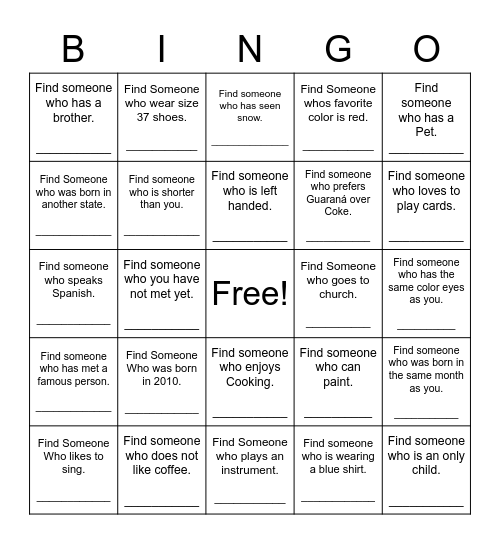 Find Someone Who Bingo Card