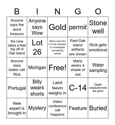 Oak Island Bingo Card