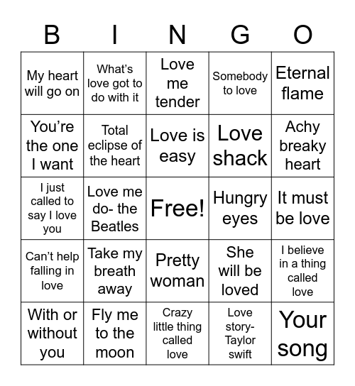 Love song bingo ❤️ Bingo Card