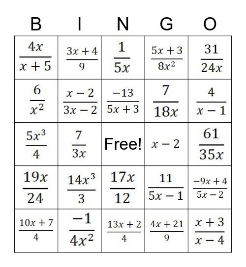 Adding & Subtraction Rational Expressions BINGO Card